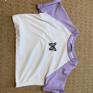 Purple and white butterfly crop top